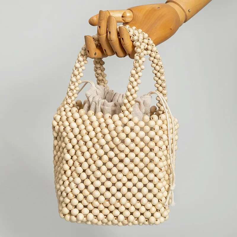 Designer Bag 2025 Vintage Women Japanese Fashion Wood Beads Bucket Tote Beige Wooden Beaded Ladies Designer Handbag Luxury Bag
