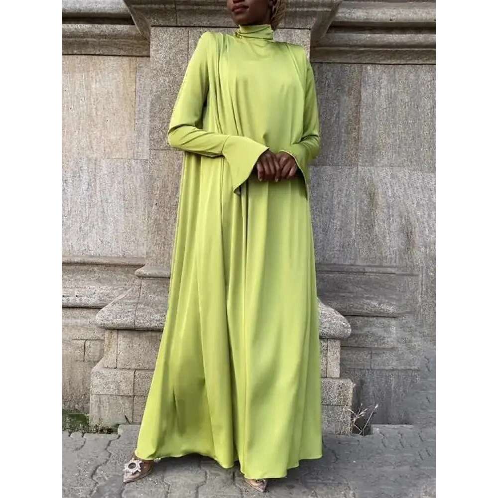Middle East Arab Muslim Female High-Neck Elegant Evening Long Robe 2025 Spring Autumn Flared Sleeves Kaftan Dresses