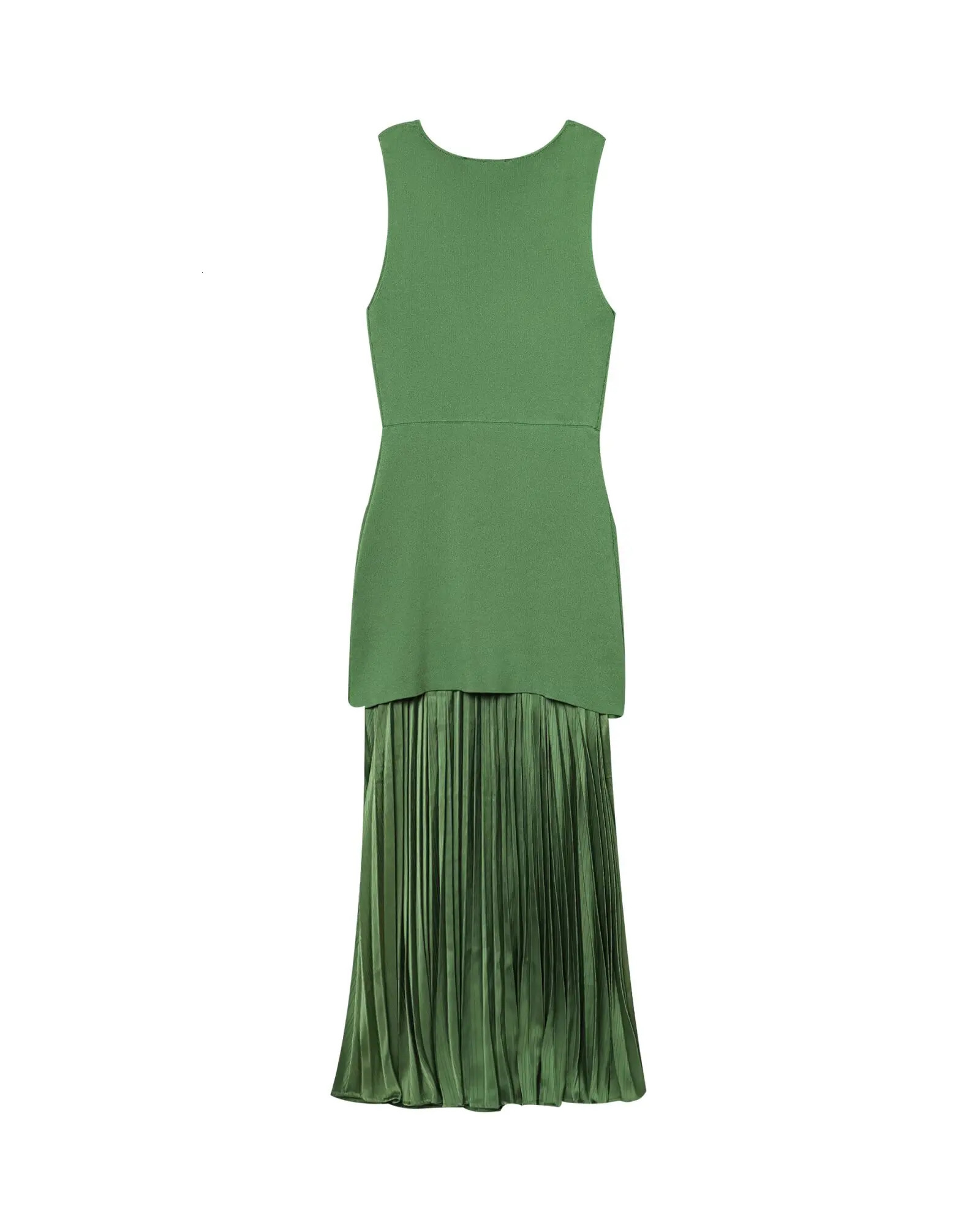 UNIZERA Fashion Simple Allmatch Knitted Pleated Splicing Sleeveless Round Neck Dress Womens Long 250513