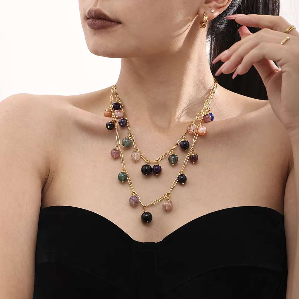 Fashionable stainless steel gold-plated crystal necklace chain design, fashionable round stone pendant, daily women's jewelry