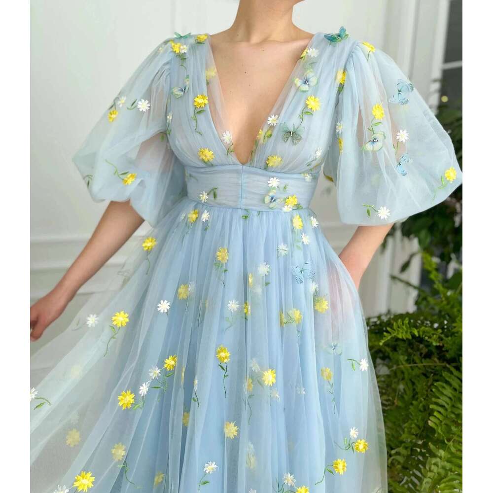 Deep V-Neck Tulle Midi Half Puff Sleeves Embroidered Lace Prom Gowns Tea-Length Wedding Party Dresses Customized