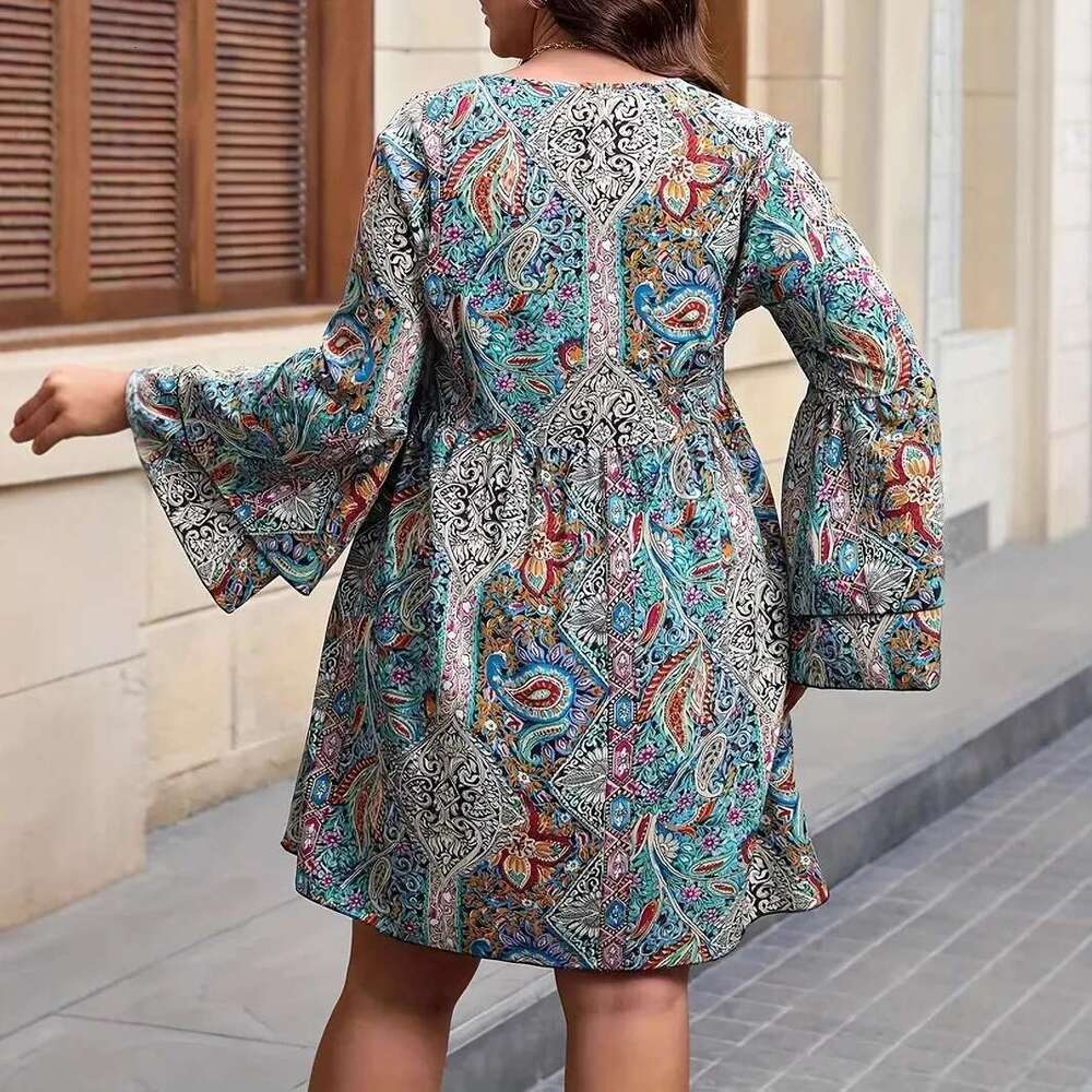 Plus Size V Neck Women Long Flare Sleeves Robe Bohemian Paisley Print A-line Dress Autumn Fall Female Elegant Clothing