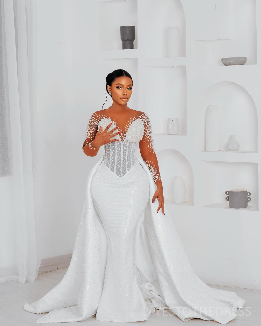 2025 Aso Ebi Mermaid Wedding Dress For Bride Bridal Gowns Detachable Train Illusion Beaded Lace Crystals Decorations Luxurious Wedding Gowns for Black