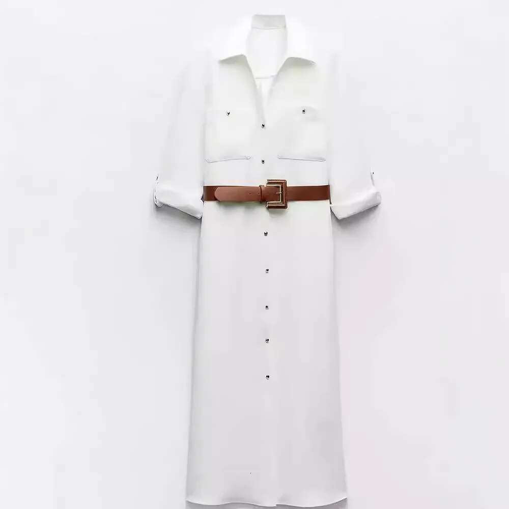 New Woman Elegant White Women Lapel Casual Loose Chic Single-Breasted Pocket With Belt Slim Long Sleeve Dress