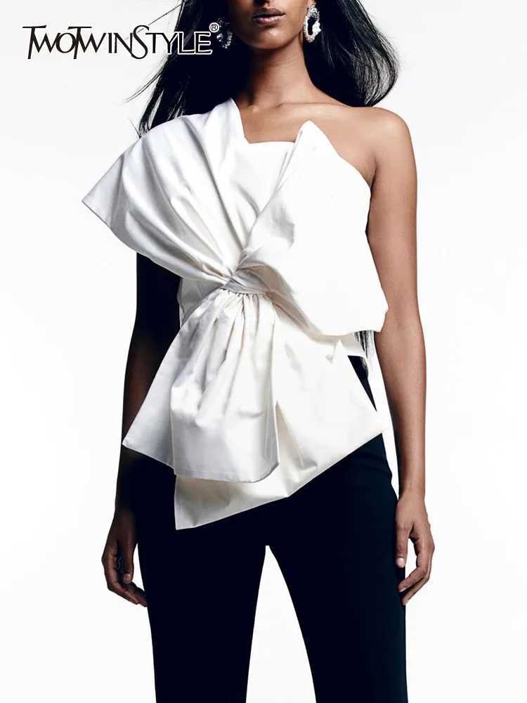 TWOTWINSTYLE Patchwork Bow Vest For Women Diagonal Collar Sleeveless Tunic Solid Chic Sexy Streetwear Tank Top Female Fashion M250513