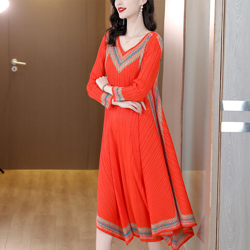 Large size women's retro printed dress female summer new temperament slim medium long skirt D02345