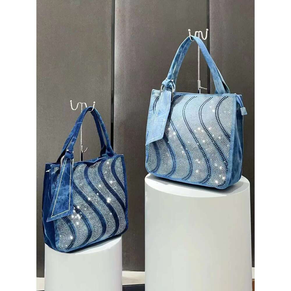 New Vintage Denim Jeans For Women Handbags Zipper Shine Rivets S Rhinestone Purse Woman Totes Female Shoulder Bag