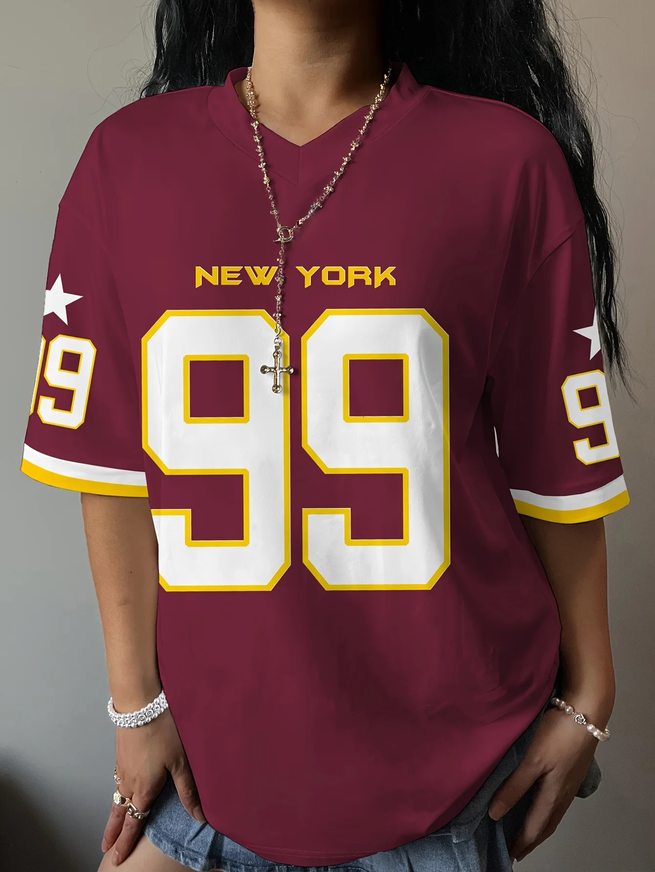 Summer Women Red Number Placed Pattern Loose Quick Drying Sports and Leisure Tshirt Comfortable 250513