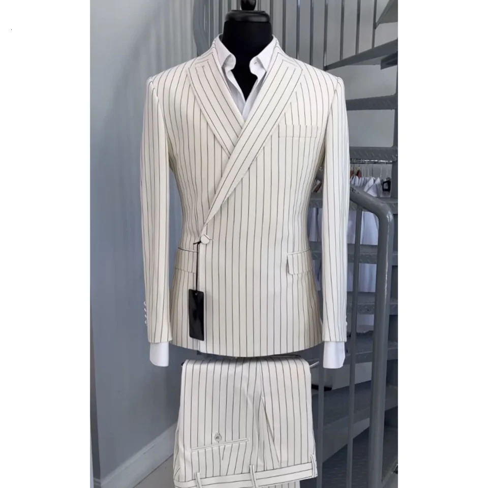 Elegant White Stripes Single Button Men Suit Two PiecesJacketPants Lapel Outfits Casual Party Prom Wedding Set 250506