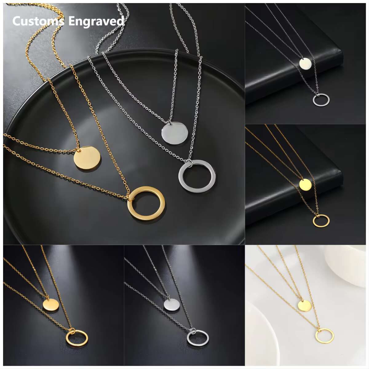 2025 New Simple and Fashionable Women's Jewelry Geometric Round Pendant Gold Plated Stainless Steel Layered Necklace