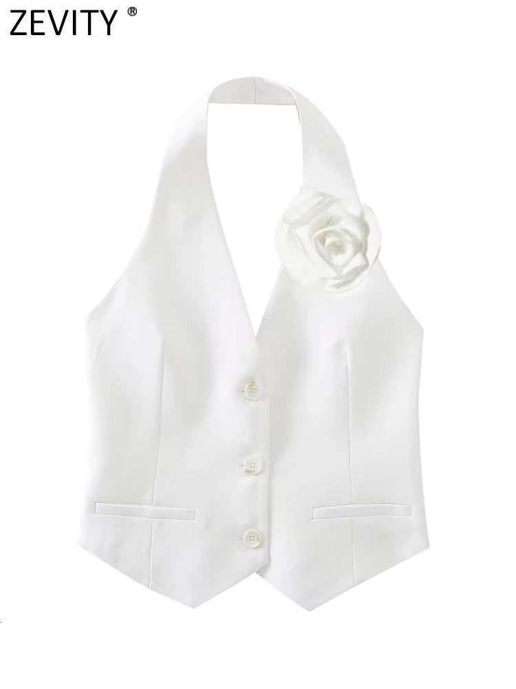 Zevity Women Fashion Single Breasted Flower n White Halter Vest Jacket Office Ladies Sleeveless Crop WaistCoat Tops CT4438 250506