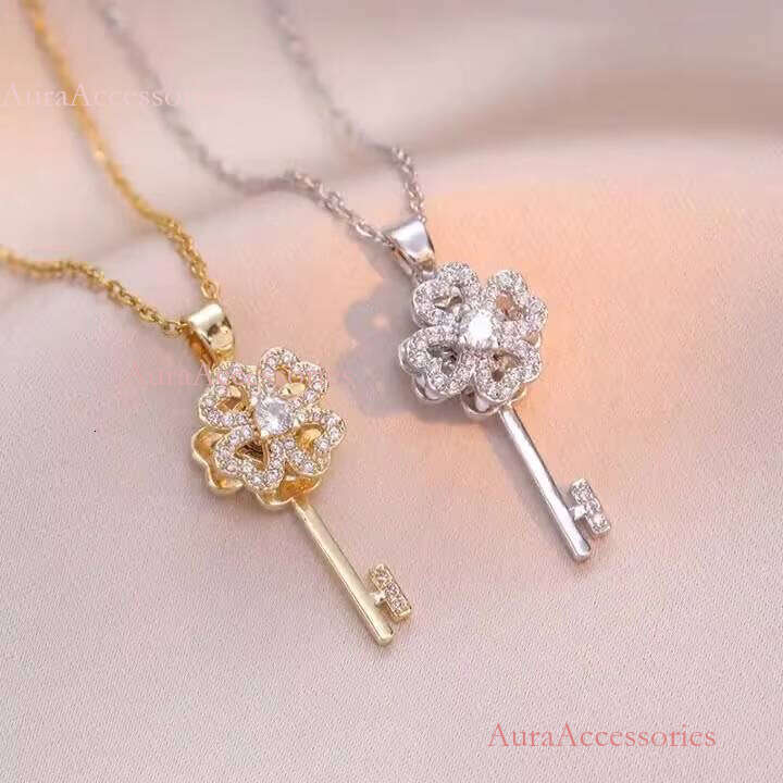 Gold Plated Zirconia Key Women's Custom Spinning Clover Necklace
