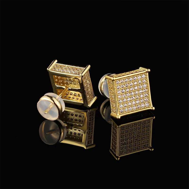 Personalized Hip Hop Men Women Screw Back Bling Cz Iced Out Diamond Moissanite Square Geometric Shape Silver Studs Earrings