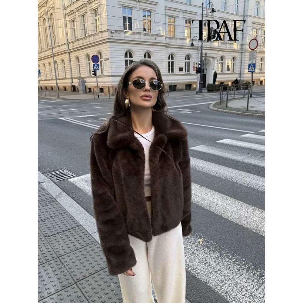 TRAF Women's Fashion Brown Faux Retro Lapel Long Sleeve Soft Fluffy Jacket Coat Temperament High Street Short Fur Top