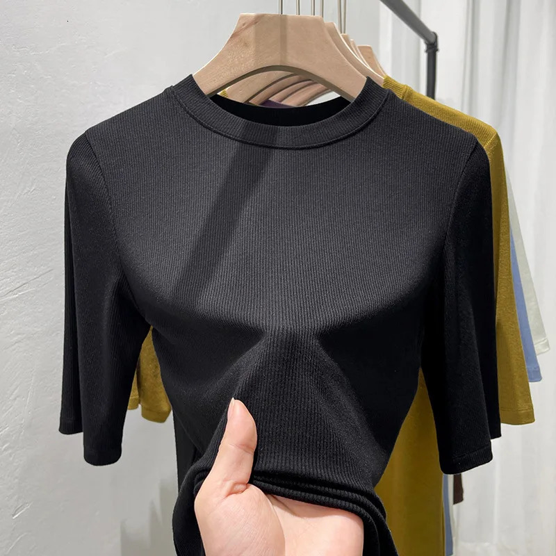 Summer Ice Silk Women T Shirts Solid Color Round Neck Comfortable Fashion Short Sleeve Slim Tops 250513