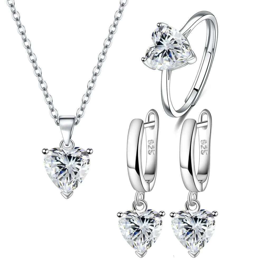 Sterling Sier Jewelry Sets For Women Heart Zircon Ring Earrings Necklace Wedding Bridal Elegant Christmas Free Shipping