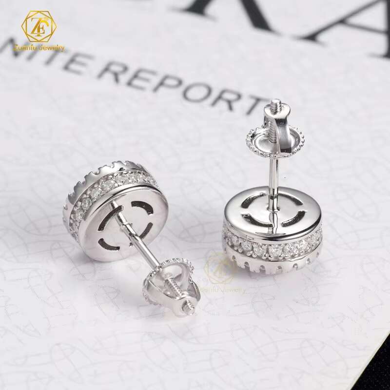 HipHop 925 Silver Iced out Moissanite Stud Earrings round Brilliant Cut Elegant and Chic Jewelry