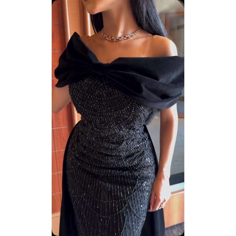 Cathy Dubai Black Beading Off Shoulder Prom Dress With Bow Mermaid vestidos de noiva Customized Elegant Sheath Formal Evening