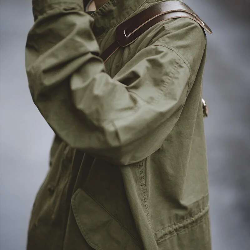 Maden Men's Vintage M51 Fishtail Green And Camel Trench Woven Waist Rope Mid-length Oversized Loose Coat for Men