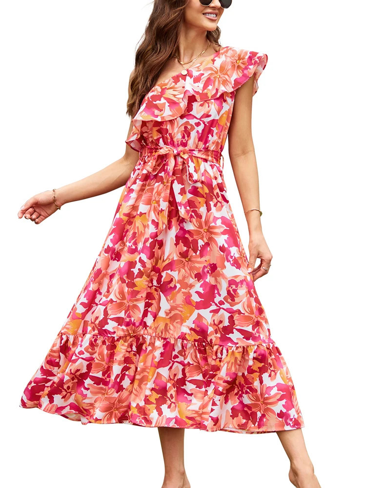 Summer Womens Sleeveless Shoulder Dress Bohemian Style Elastic Waist Ruffle Twisted Layers 250513
