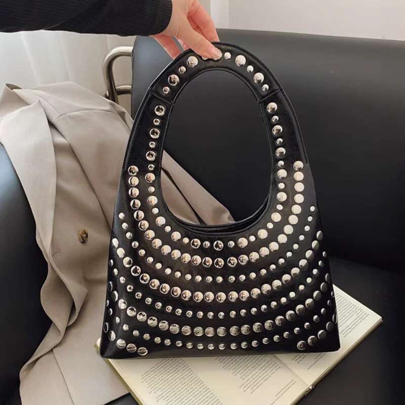 Heavy Tide U-Shaped Underarm Punk Style Fashion Women Casual Personality Cool Polka Rivet Portable Bucket Bag