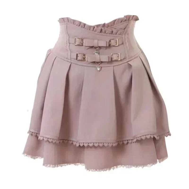 Japanese Kawaii Mini Cake Skirts Womens Jupe Fairy Bandage Lolita High Waist Y2k Aesthetic Sweet Lace Gothic JK Faldas Skirt 250513