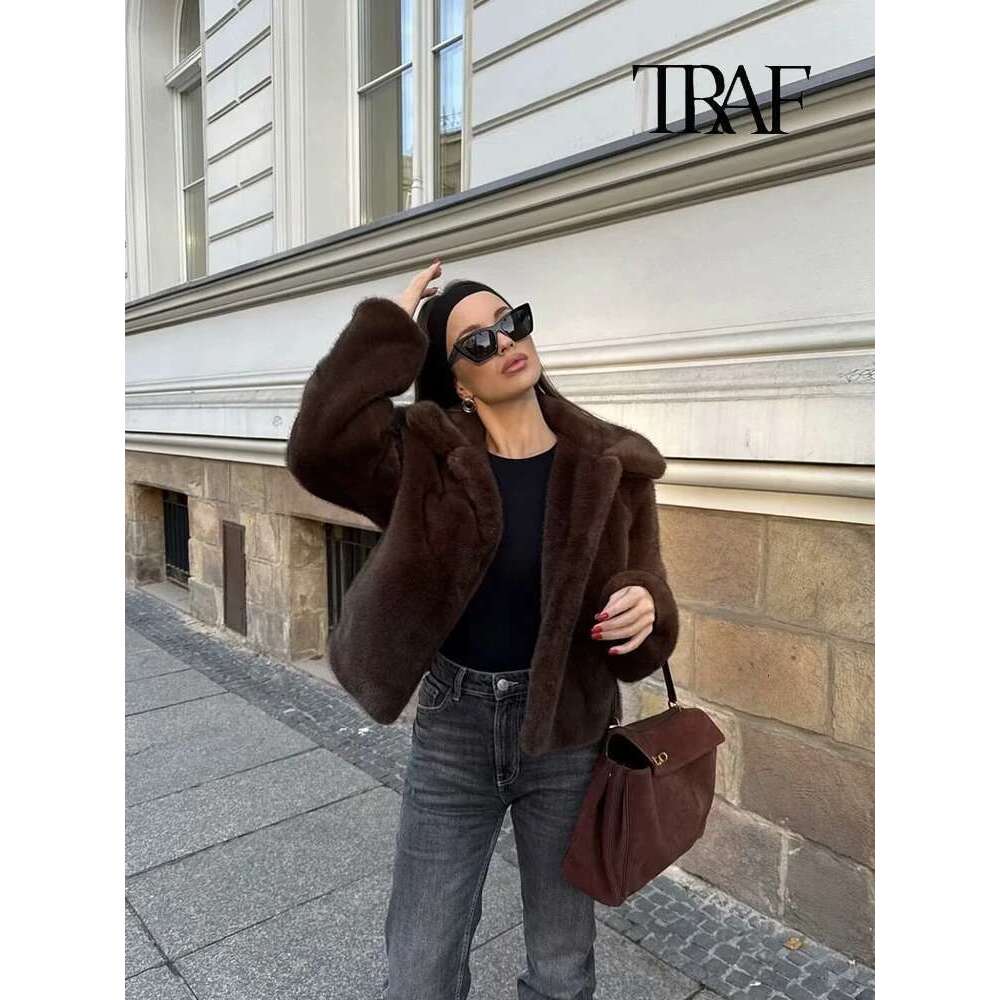 TRAF Women's Fashion Brown Faux Retro Lapel Long Sleeve Soft Fluffy Jacket Coat Temperament High Street Short Fur Top