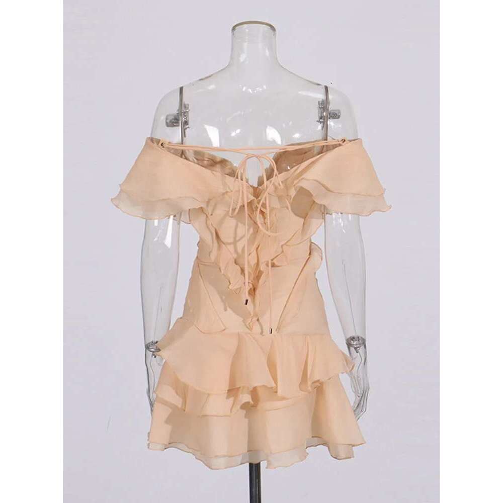 TWOTWINSTYLE Elegant Spliced Ruffles Mini Dress For Women Slash Neck Off The Shoulder Sleeve High Waist Chic Dresses Female New