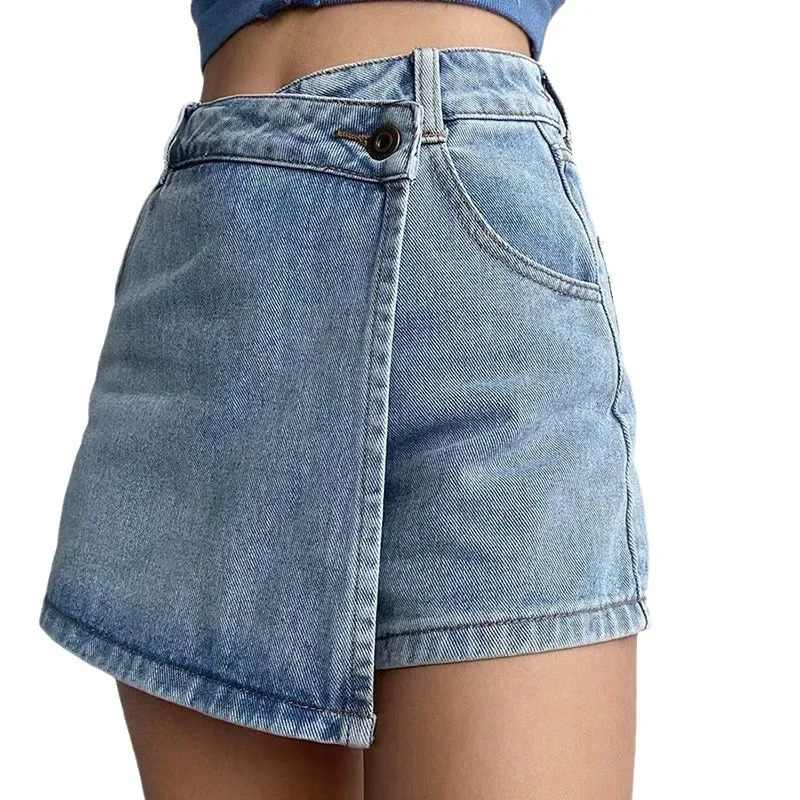 Summer Highwaisted Slimming Denim Skirt For Women Versatile Unique Fashionable Exposureproof Irregular A line Shorts 250513