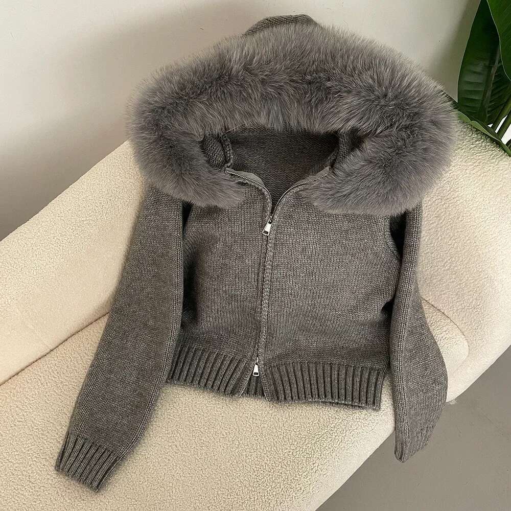 Hooded Real Fox Collar Cardigan Natural Fur Coat For Women Casual Short Knitted Jacket 2024 Fashion Autumn Winter Designer
