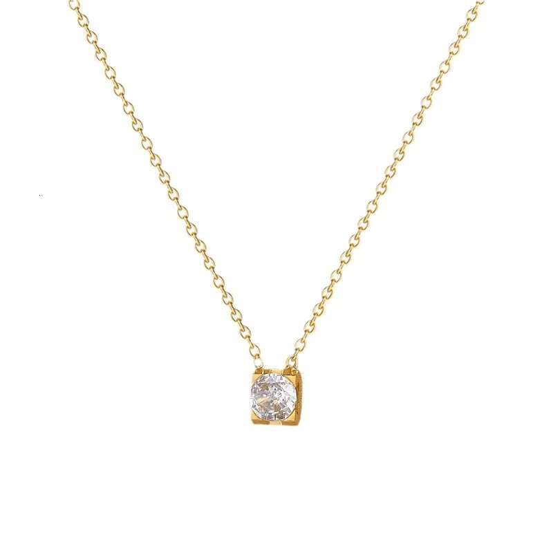 Fashionable, minimalist, classic stainless steel necklace, high-end full set four claw single zircon pendant necklace for women