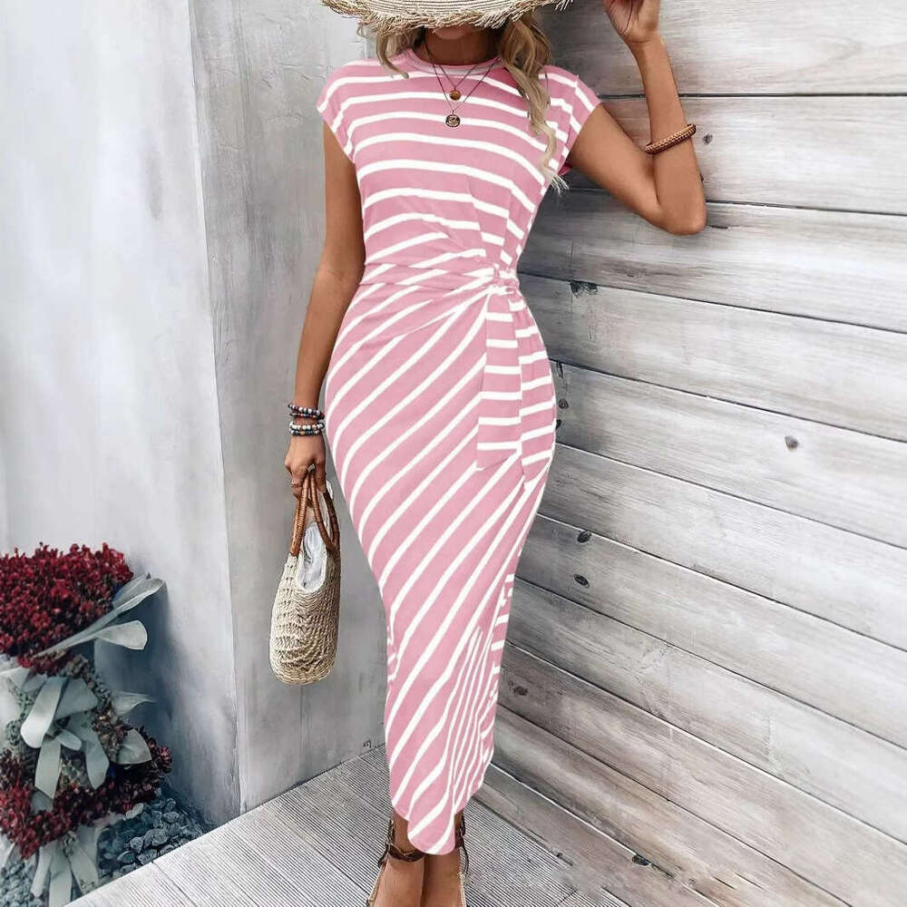 Women Clothes Dress Elegant Temperament Waist Strap Striped Round Neck Short Sleeved Long Dress Summer High End Women S Clothing KQ