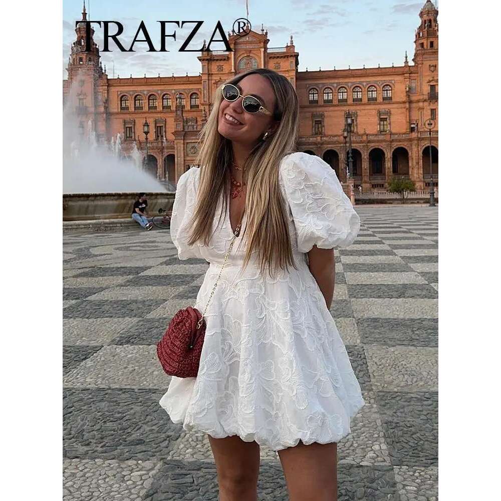 TRAFZA Women Elegant White Dress Short Sleeve V Neck Embroidered Mini Dresses Summer Female Casual Streetwear Vestidos TRAF