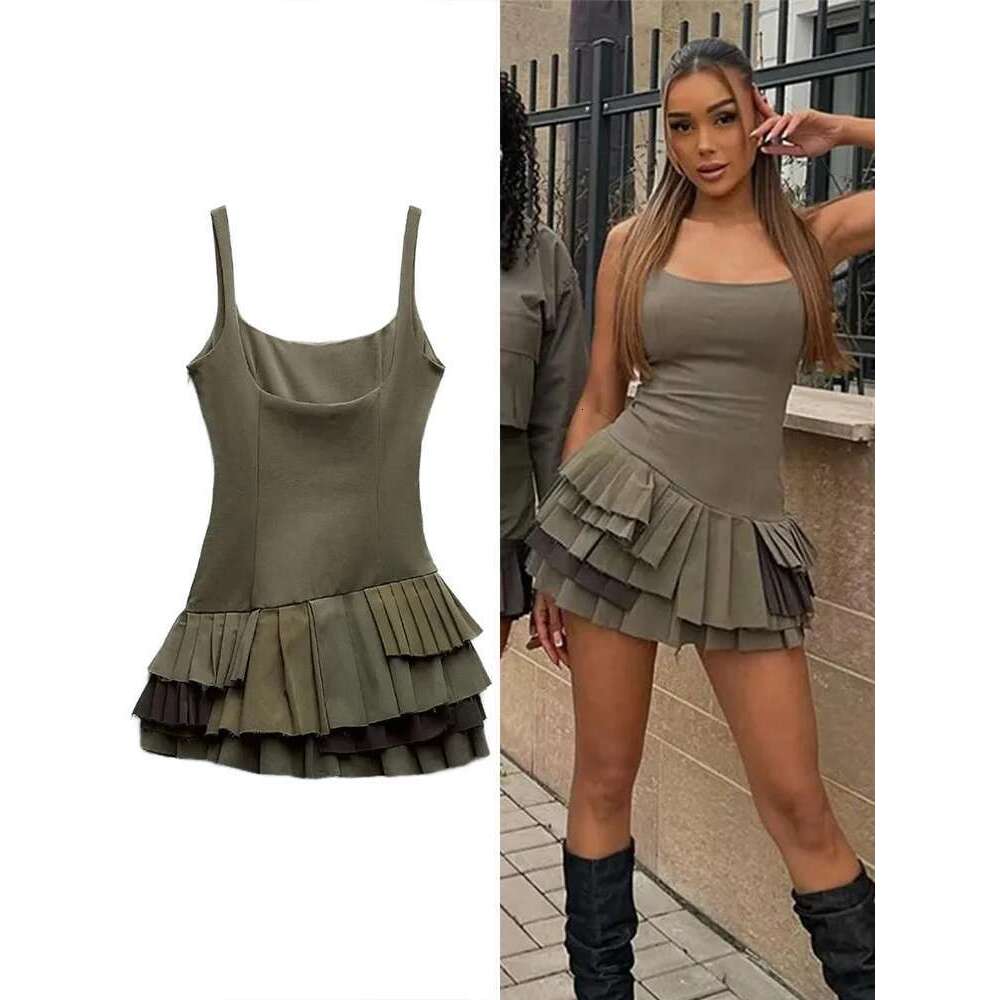 ZABA Women's Fashion Irregular Pleated Skirt Slim Sleeveless Mini Dress Elegant Splicing Ruffle Halter High Street Tank Dresses