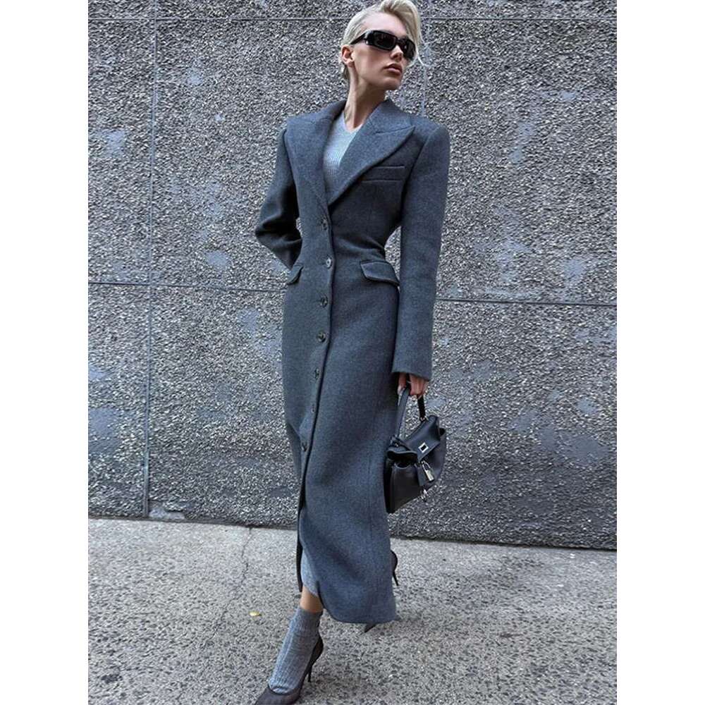 Collar Wool Long Jacket Shoulder Pad Single Breasted Waist Cinching Slimming Suit Overcoat Commute Coat Outwear Top