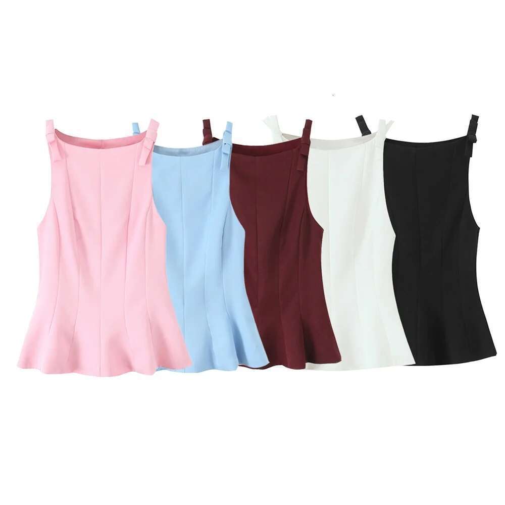 PB&ZA 2025 Women's Pink Sleeveless Top with Bow - Adorned Straps Peplum Hem for a Sweet and Stylish Look