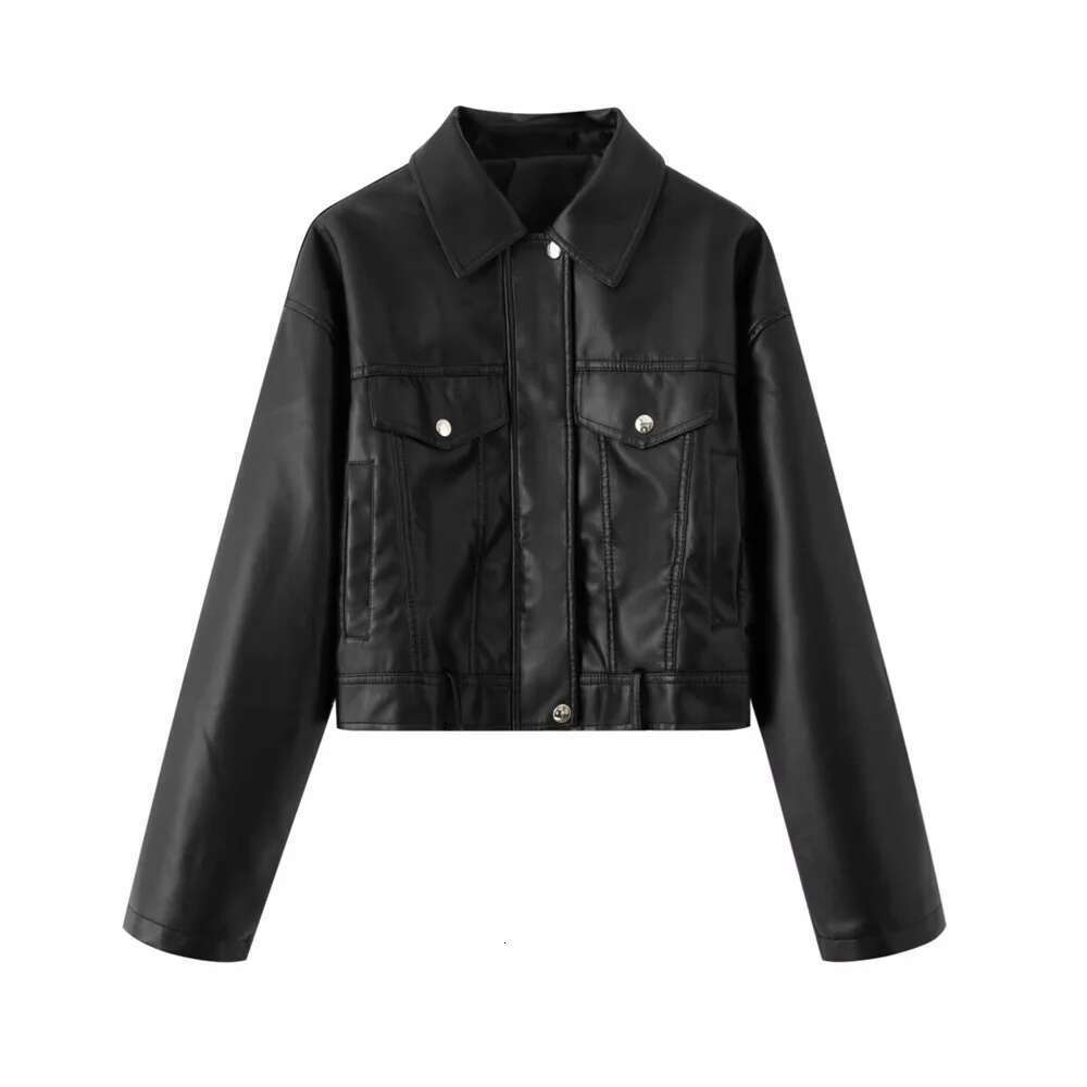 Taop&Za Autumn New Product Women's Fashion Casual Collar Long Sleeve Leather Effect Short Jacket Coat
