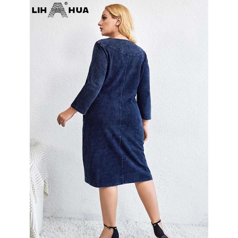LIH HUA Women's Plus Size Denim Autumn Chic Elegant Dresses For Chubby Women Cotton Knitted Dress