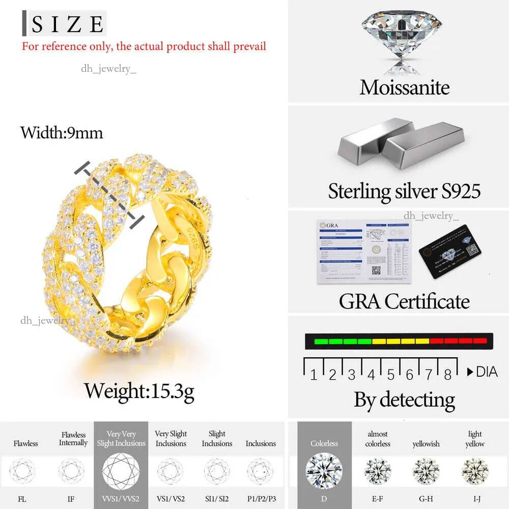Bg Hip Hop Jewelry 9mm Gold Plated Sterg Sier Vvs Moissanite Dia Iced Out Cuban Band Ring for Men