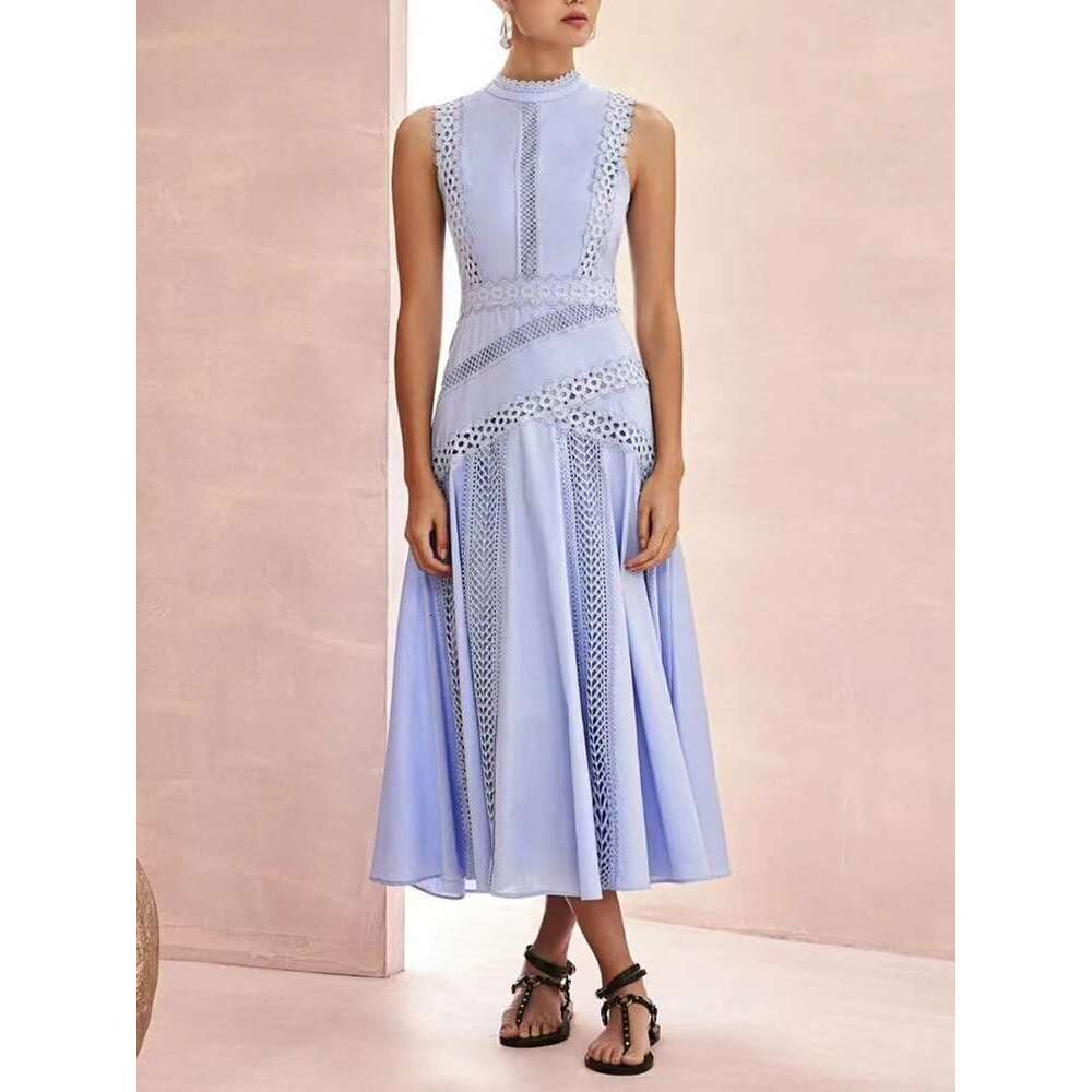 VGH Solid Embroidery Elegant Long Dresses For Women Stand Collar Sleeveless High Waist Hollow Out A Line Dress Female New