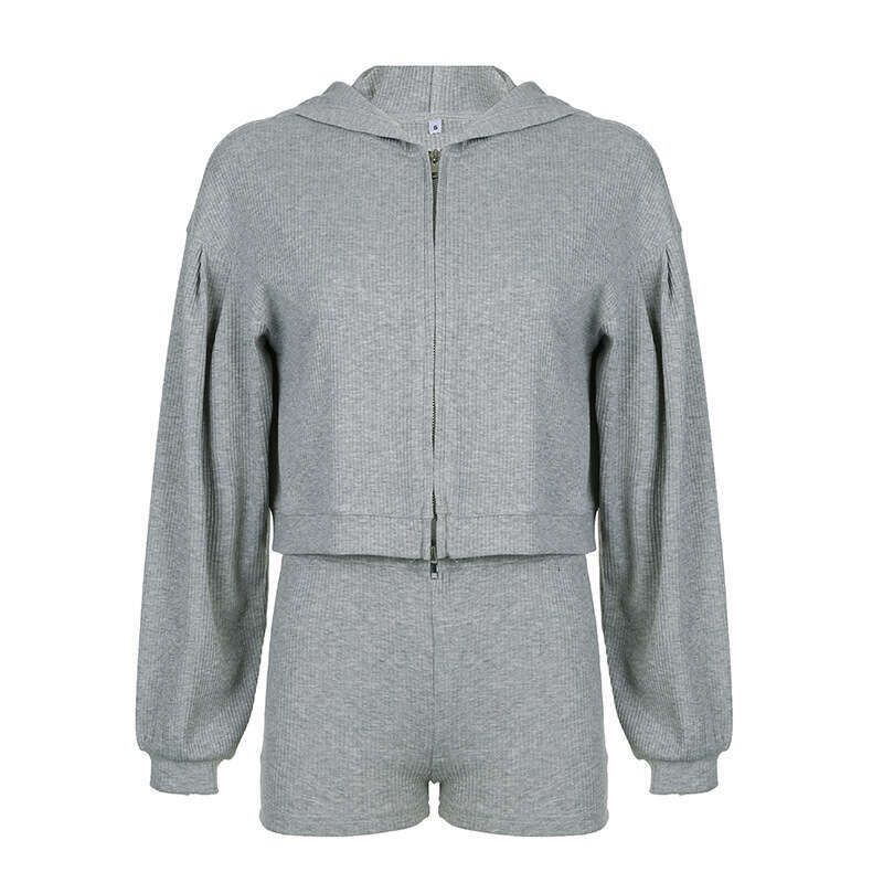 Wind Sports Basic Solid Color Hooded Loose Zipper Jacket+Small Tank Top+Shorts Casual 3-Piece Set B5
