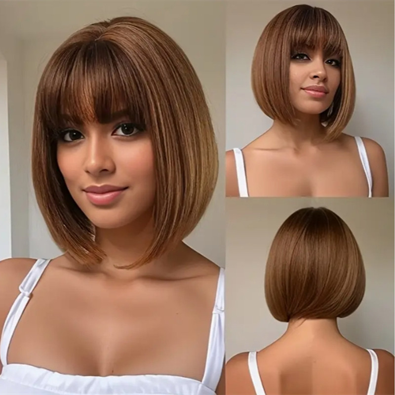 Heat Resistant Synthetic Wigs for Daily Wear: Sleek Short Bob with Fringe