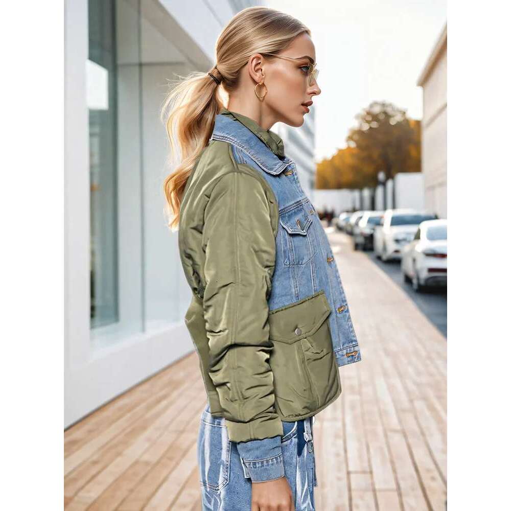 DEAT Fashion Women's Patchwork Denim Jackets Turn-down Collar Loose Zipper Long Sleeve Short Coat Autumn 2025 New Tide 7Z249