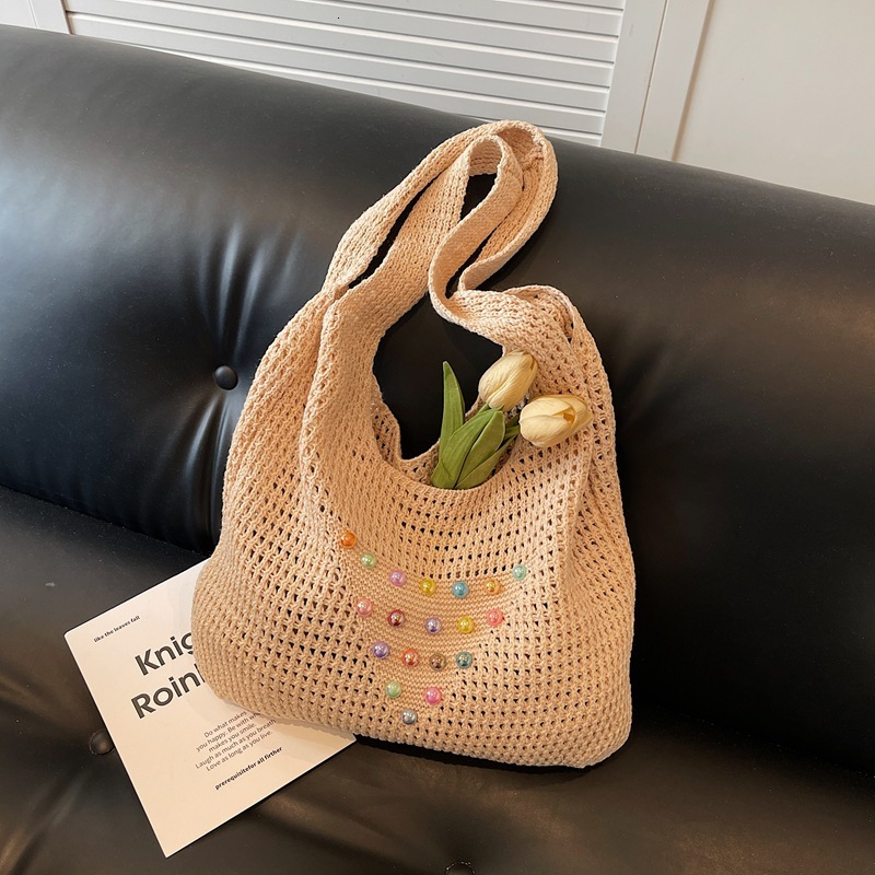 Beach commuting one shoulder tote vacation woven summer colorful pearl hollow out large capacity armpit bag, women's