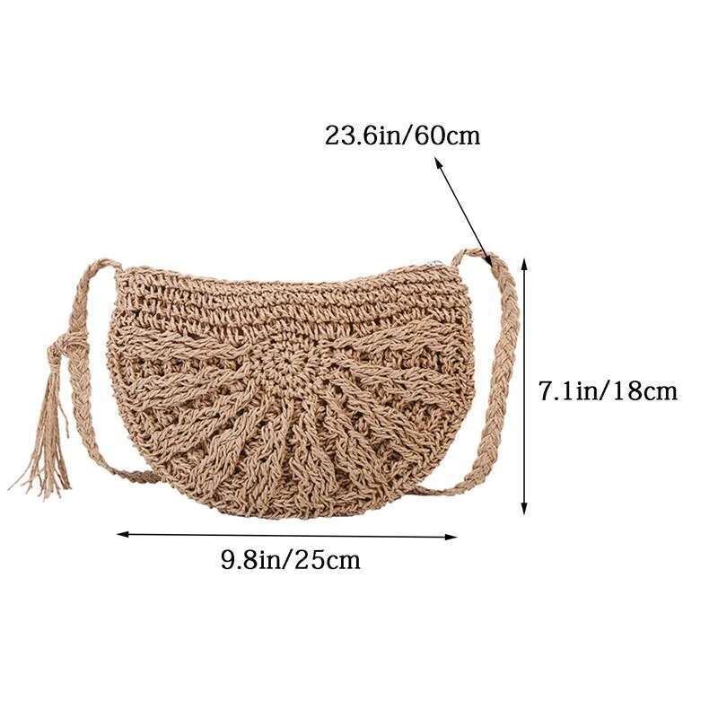 New Round Straw Bags For Women Summer Beach Rattan Bag Handmade Woven Half Moon Crossbody Handbags Bohemia
