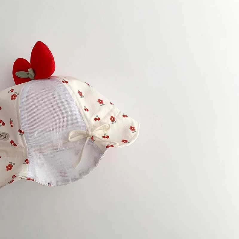 Sweet Bow Baby Fishermans Hat Red Cherry Sunscreen Basin Cap Princess Girl Summer Sun Hats 3-24Month Children Mesh Bucket Caps R250512
