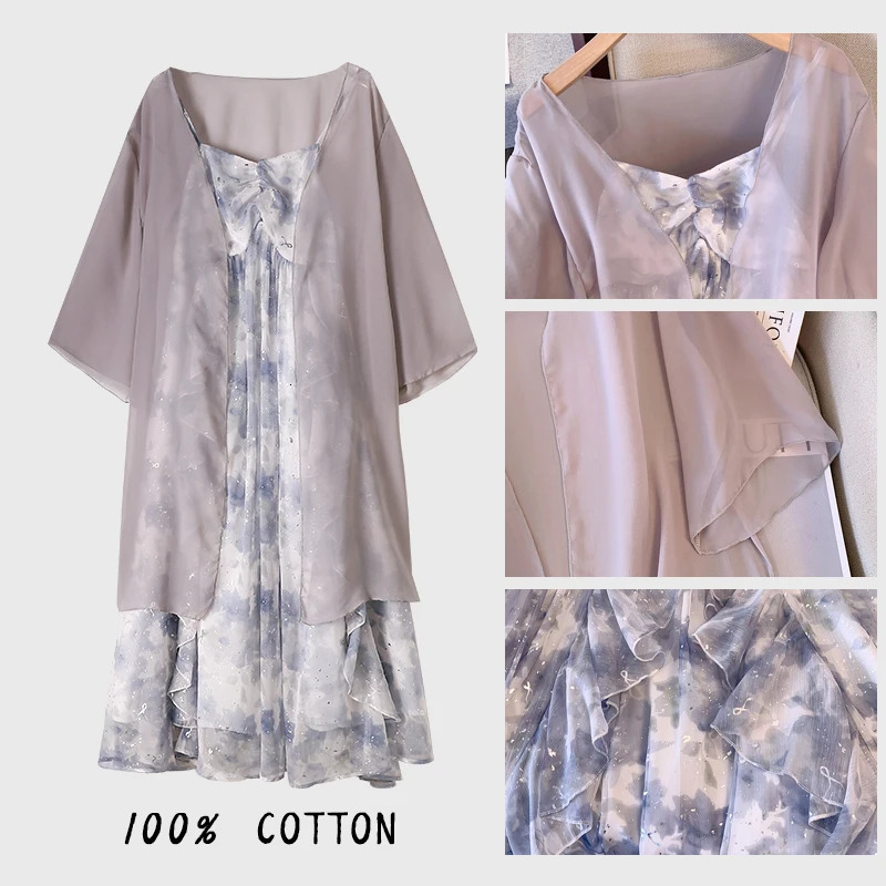 Plus size womens summer casual dress set loose and comfortable chiffon with light mesh shaving French elegant party 250506