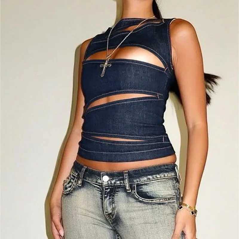 Talenza Womens Sleeveless Round Neck Vest Summer Solid Color Hollow Slim Vest Top Fashion Sexy Streetwear Womens Slim Vest Top M250513