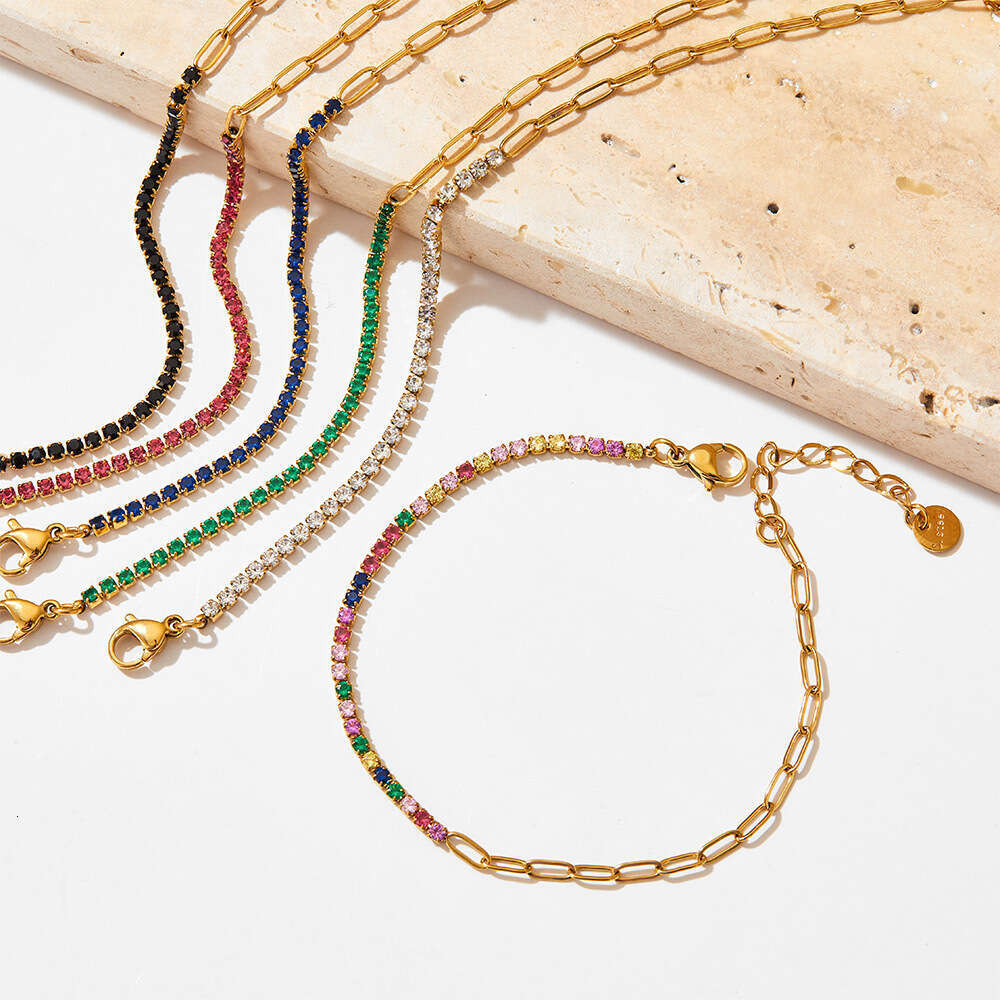 stainless colored zircon paperclip chain titanium steel bracelet goldplated and color preserving