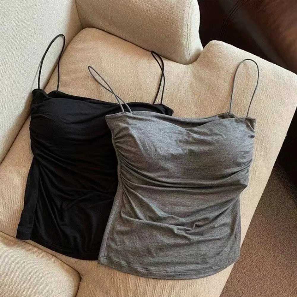Sleeveless Tees Tank Tops For Women Camisole Vest Cropped Top Slim Fit Solid Color Spaghetti Strap Built In Bra Women Clothes M250513
